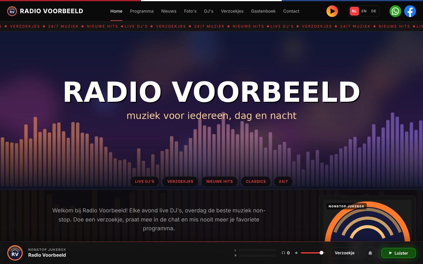 Voorbeeld van een zenderwebsite met menu, grote hoofdafbeelding en de speler onderaan.