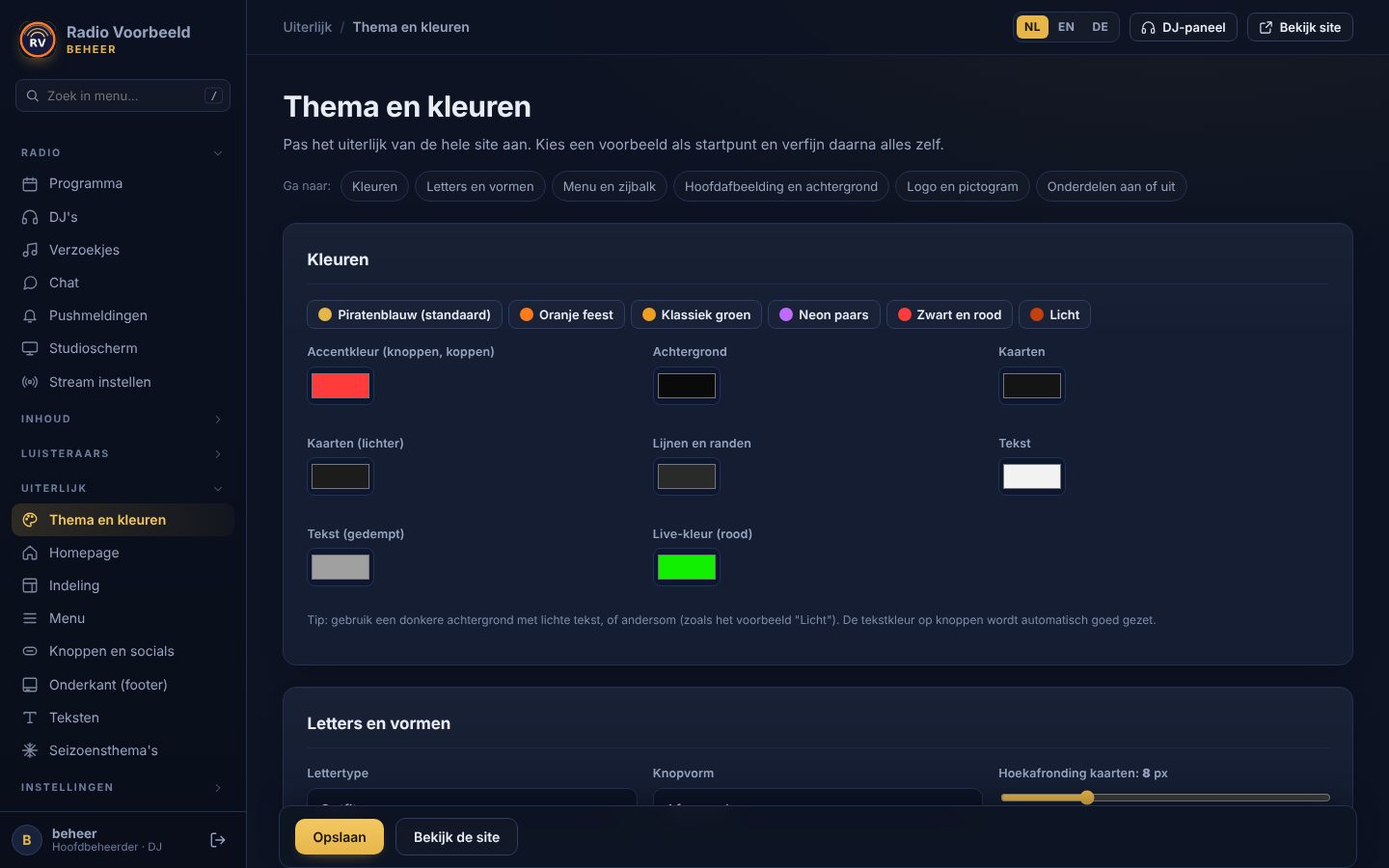 Thema-instellingen met kant-en-klare kleurvoorbeelden en kleurkiezers.